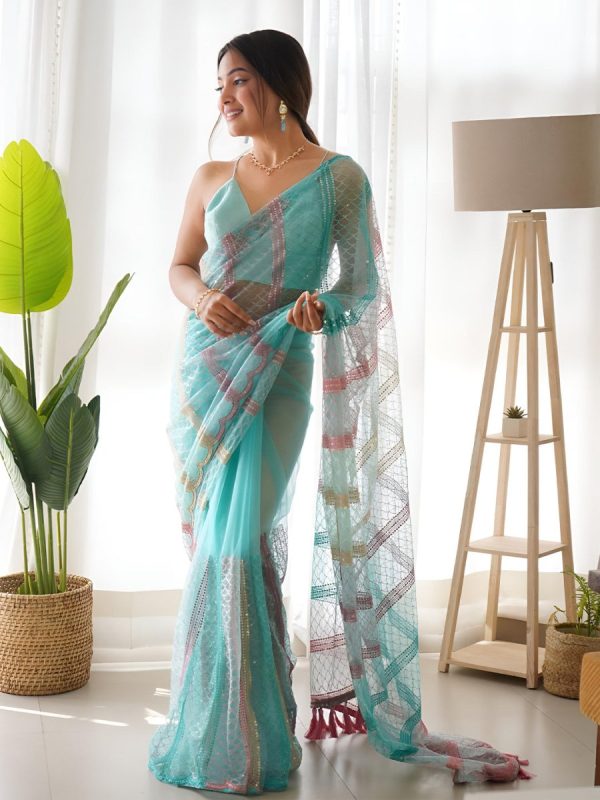 Anouk Striped Sequinned Net Saree Cheap