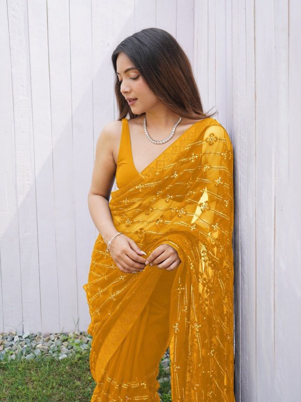 Anouk Mustard Embellished Sequinned Net Saree Online Hot Sale