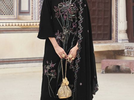 Aastha Fashion Women s Black Velvet Resham Thread with Jari & Sequin Kurta with Trouser & Dupatta Cheap