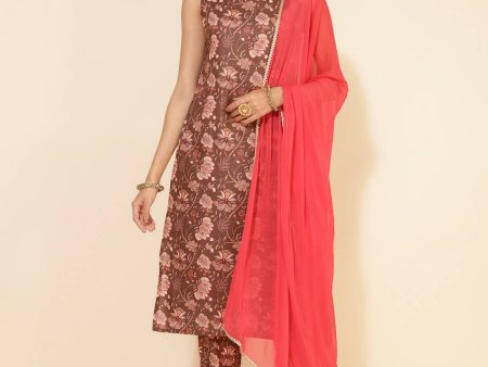 Janasya Women s Brown Crepe Digital Floral Printed Festive Straight Kurta Set Online