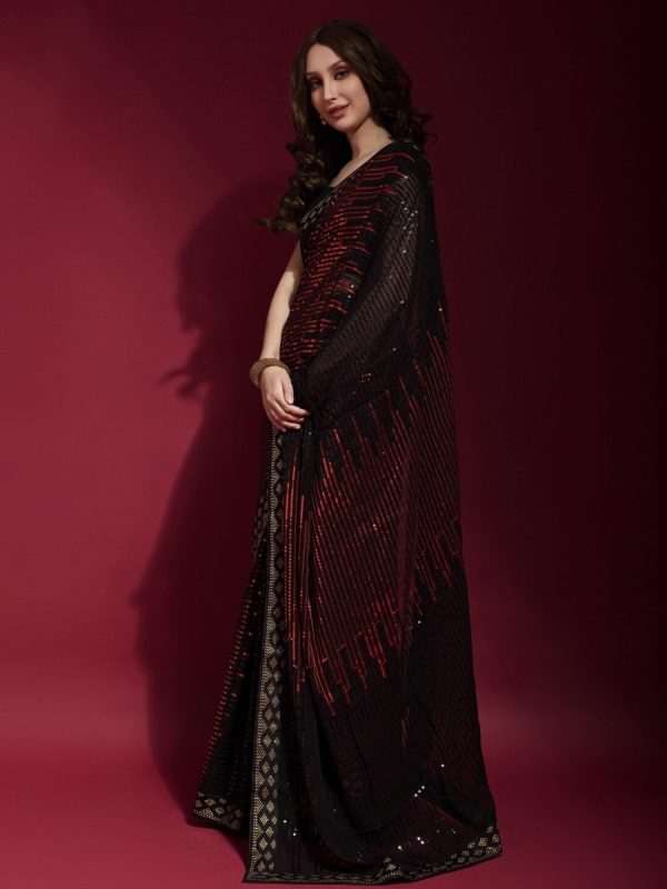 Anouk Black & Red Embellished Sequinned Pure Georgette Saree Online now