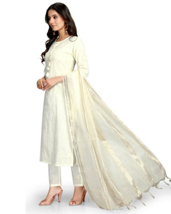 Aastha Fashion Women s Off White Cotton Flex Embroidered Kurta with Trouser & Dupatta Hot on Sale