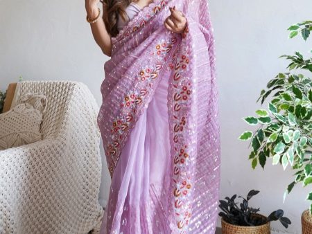 Anouk Mauve-Coloured Ethnic Motifs Embroidered Sequinned Organza Saree Online Sale