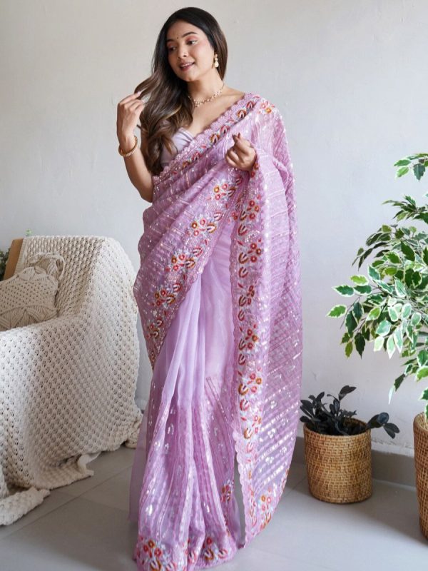 Anouk Mauve-Coloured Ethnic Motifs Embroidered Sequinned Organza Saree Online Sale