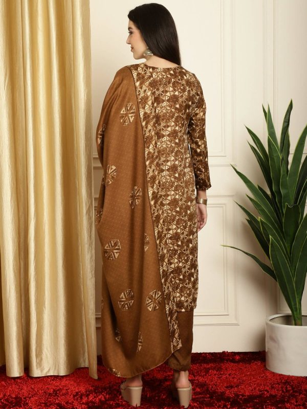 Aastha Fashion Women s Brown Pashmina Floral Digital Printed Kurta with Trouser & Dupatta on Sale