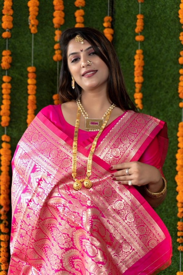 Aastha Fashion Rani Pink Woven Banarasi Silk Saree with Blouse Fashion