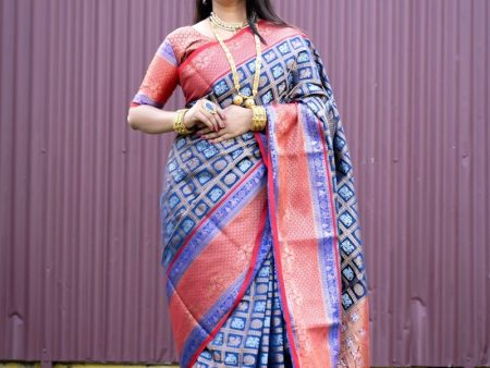 Aastha Fashion Blue Woven Kanchipuram Silk Saree with Blouse Cheap