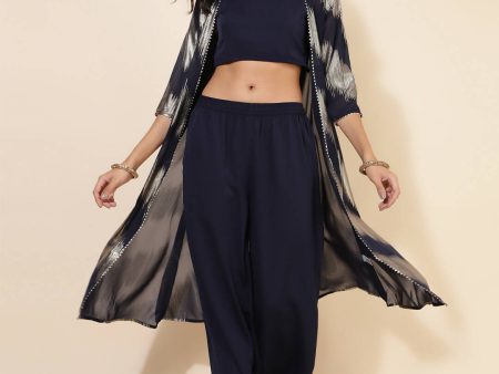 Janasya Women s Dark Blue Crepe Foil Printed Festive Crop Top Set Hot on Sale