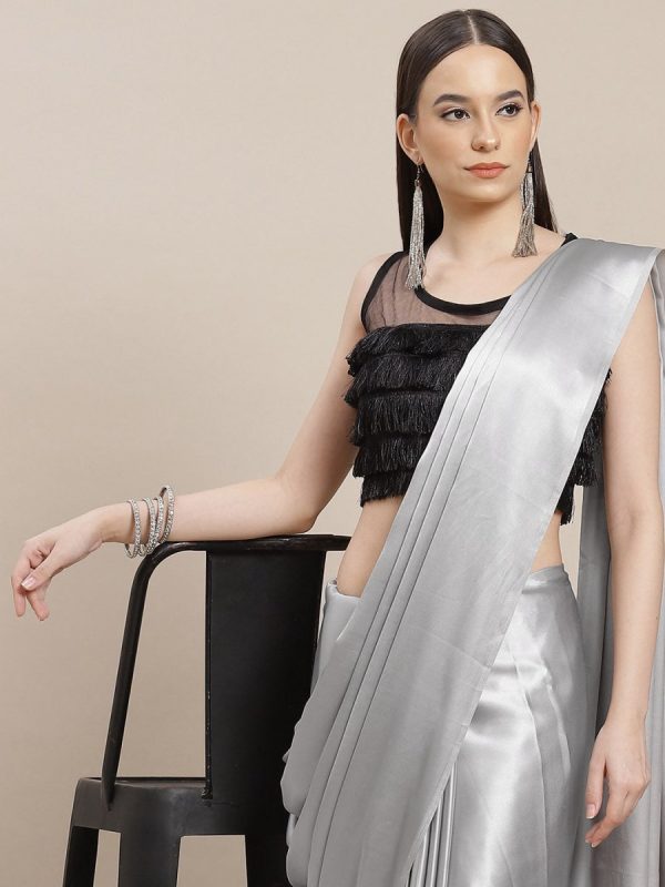 Anouk Grey Solid Satin Saree Sale