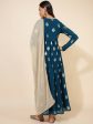 Janasya Women s Teal Blue Georgette Foil Printed Festive Flared Kurta Set Supply