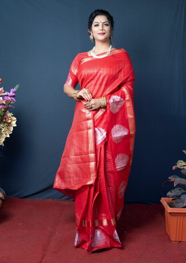 Aastha Fashion Red Woven Kanchipuram Linen Silk Saree with Blouse on Sale