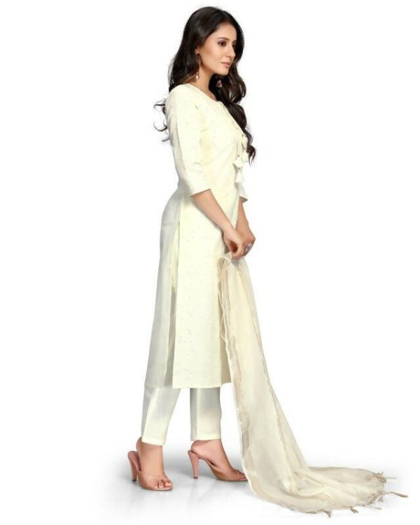 Aastha Fashion Women s Off White Cotton Flex Embroidered Kurta with Trouser & Dupatta Hot on Sale