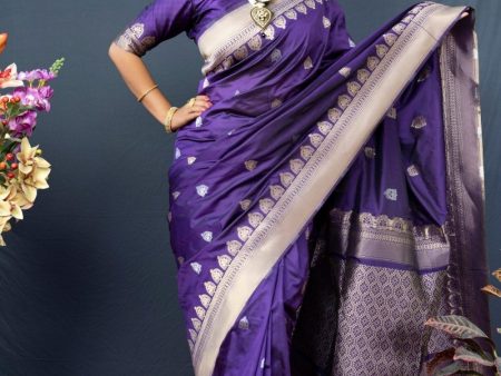 Aastha Fashion Purple Woven Banarasi Silk Saree with Blouse For Cheap