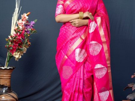 Aastha Fashion Rani Pink Woven Kanchipuram Linen Silk Saree with Blouse Sale