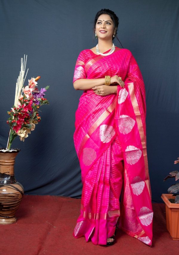 Aastha Fashion Rani Pink Woven Kanchipuram Linen Silk Saree with Blouse Sale