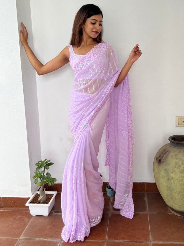 Anouk Lavendar Embellished Sequinned Pure Georgette Saree Cheap