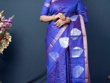 Aastha Fashion Royal Blue Woven Kanchipuram Linen Silk Saree with Blouse Discount