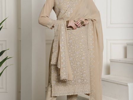 Aastha Fashion Women s Beige Georgette Floral Resham Thread with Cording & Crystal work Kurta with Trouser & Dupatta Cheap