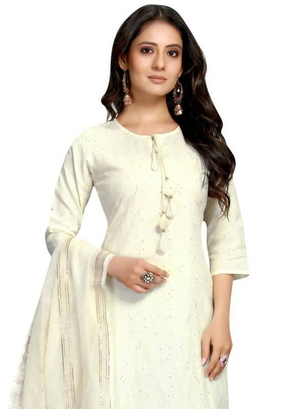 Aastha Fashion Women s Off White Cotton Flex Embroidered Kurta with Trouser & Dupatta Hot on Sale