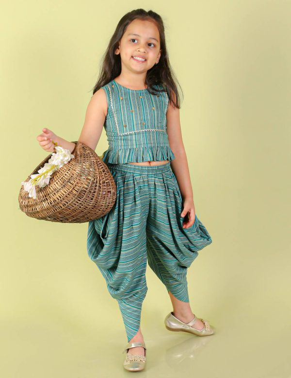 Lil Drama Girls Top With Dhoti Set - Sea Green Cheap