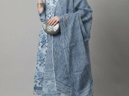 Aastha Fashion Women s Sky Blue Cotton Jaipuri Printed Kurta with Trouser & Dupatta Sale