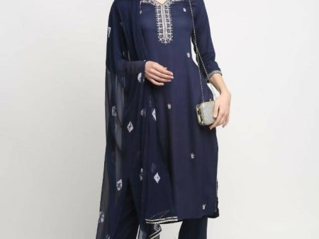 Aastha Fashion Women s Navy Blue Rayon Slub Jaipuri Printed Kurta with Trouser & Dupatta Online now