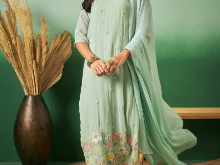 Aqua Blue Georgette Handwork Unstitched Dress Material - Hanika Online