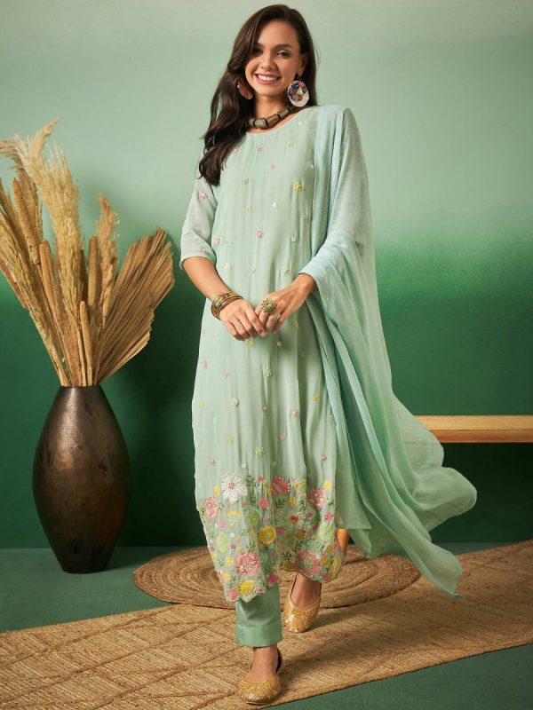 Aqua Blue Georgette Handwork Unstitched Dress Material - Hanika Online