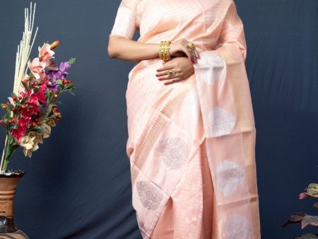 Aastha Fashion Peach Woven Kanchipuram Linen Silk Saree with Blouse Cheap