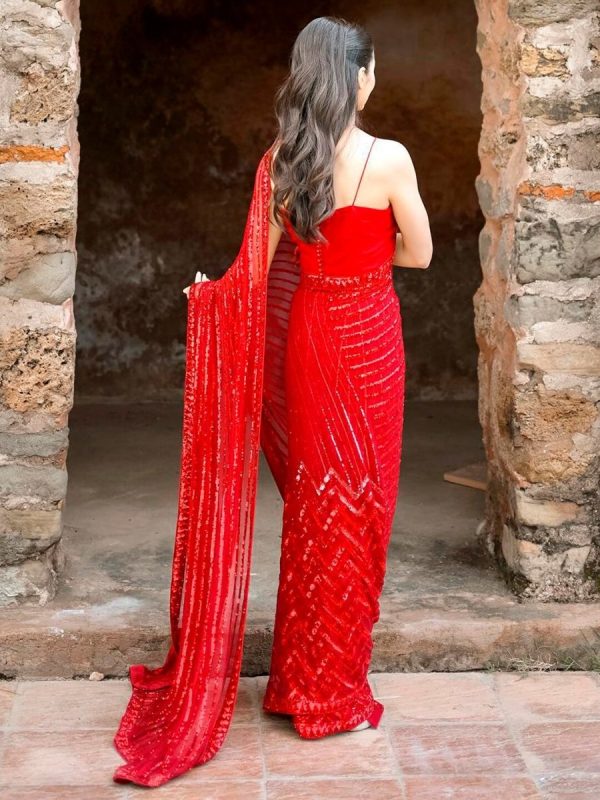 Anouk Red Embellished Sequinned Pure Georgette Saree For Discount