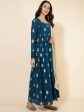 Janasya Women s Teal Blue Georgette Foil Printed Festive Flared Kurta Set Supply