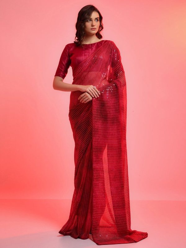 Anouk Red & Gold-Toned Embellished Sequinned Pure Georgette Saree Online