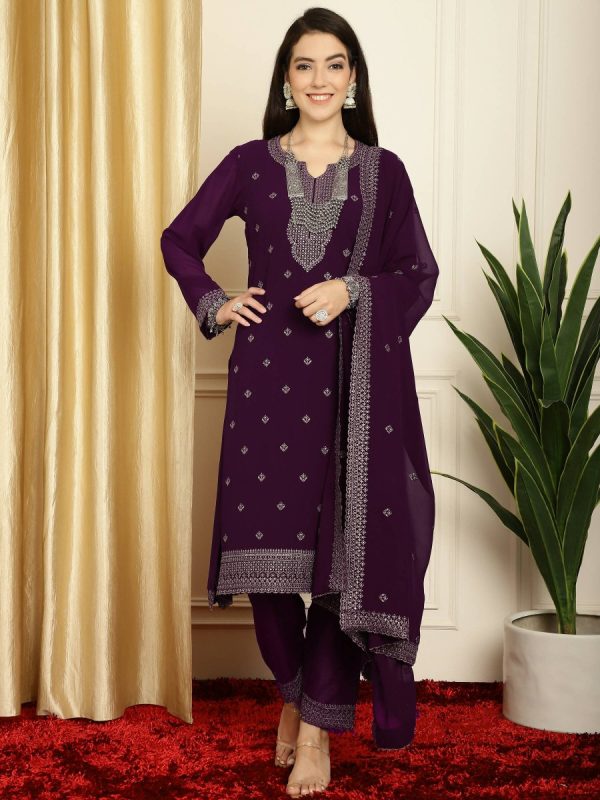 Aastha Fashion Women s Burgundy Georgette Resham Thread & Sequin Kurta with Trouser & Dupatta Supply