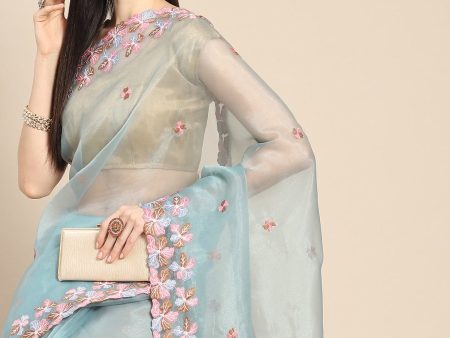 Anouk Blue & Pink Floral Organza Saree Fashion