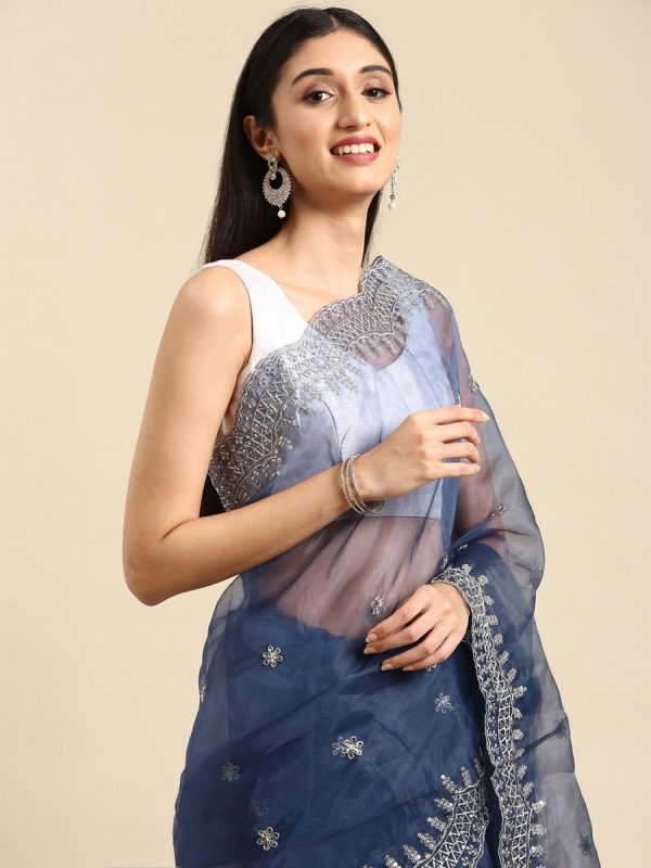 Anouk Navy Blue & Silver-Toned Sequinned & Woven Design Organza Saree Fashion