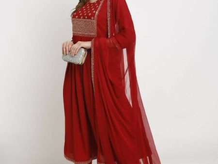 Aastha Fashion Women s Maroon Rayon Slub Embroidered Kurta with Trouser & Dupatta Cheap