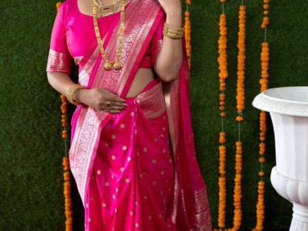 Aastha Fashion Rani Pink Woven Banarasi Silk Saree with Blouse Fashion