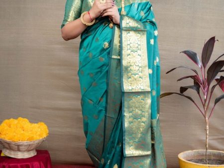 Aastha Fashion Sea Green Woven Paithani Silk Saree with Blouse on Sale