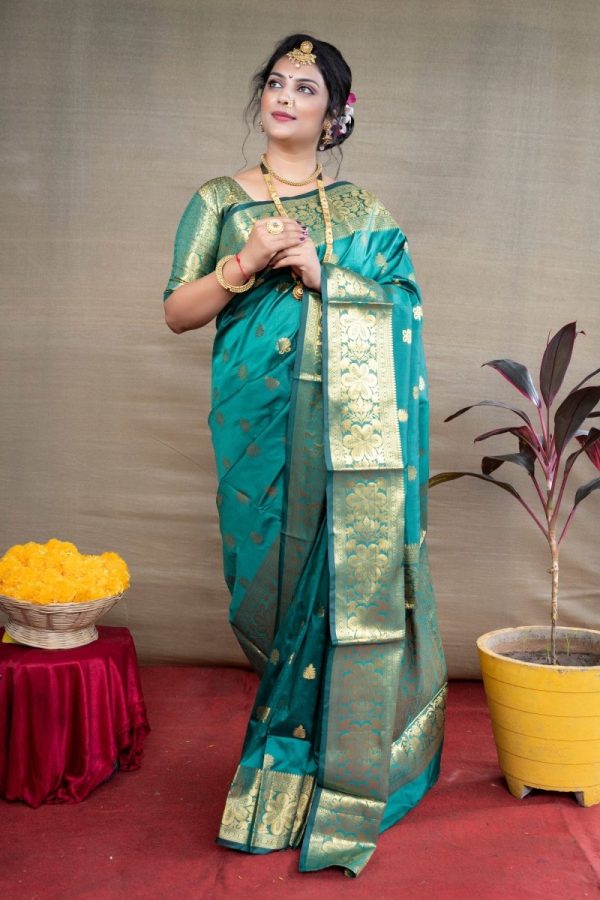 Aastha Fashion Sea Green Woven Paithani Silk Saree with Blouse on Sale