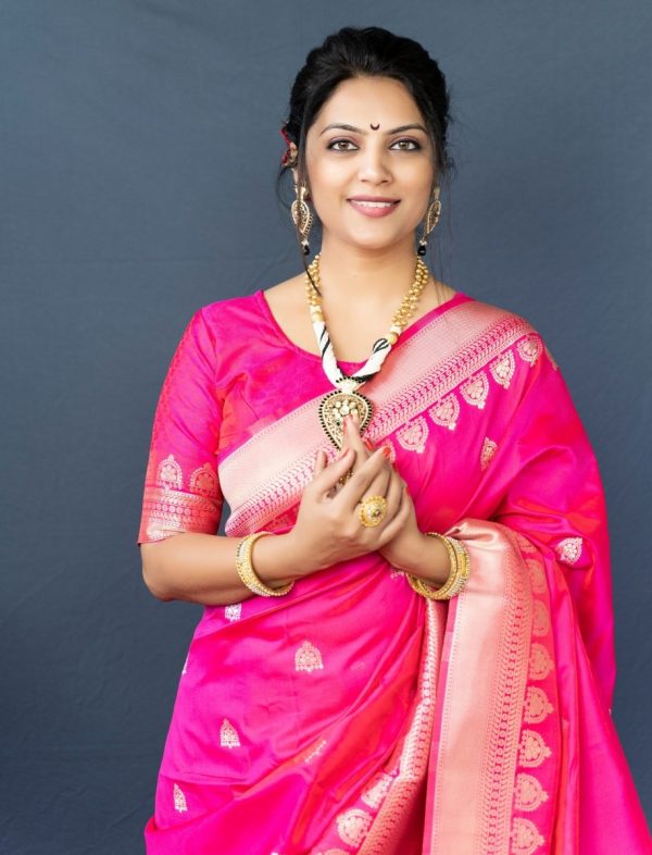 Aastha Fashion Rani Pink Woven Banarasi Silk Saree with Blouse on Sale