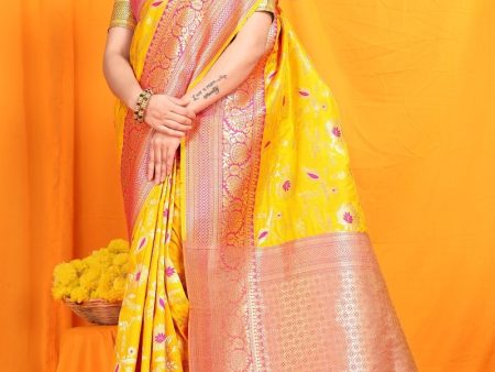 Aastha Fashion Yellow Woven Banarasi Silk Saree with Blouse For Cheap