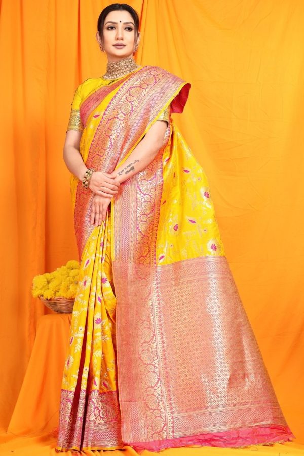 Aastha Fashion Yellow Woven Banarasi Silk Saree with Blouse For Cheap