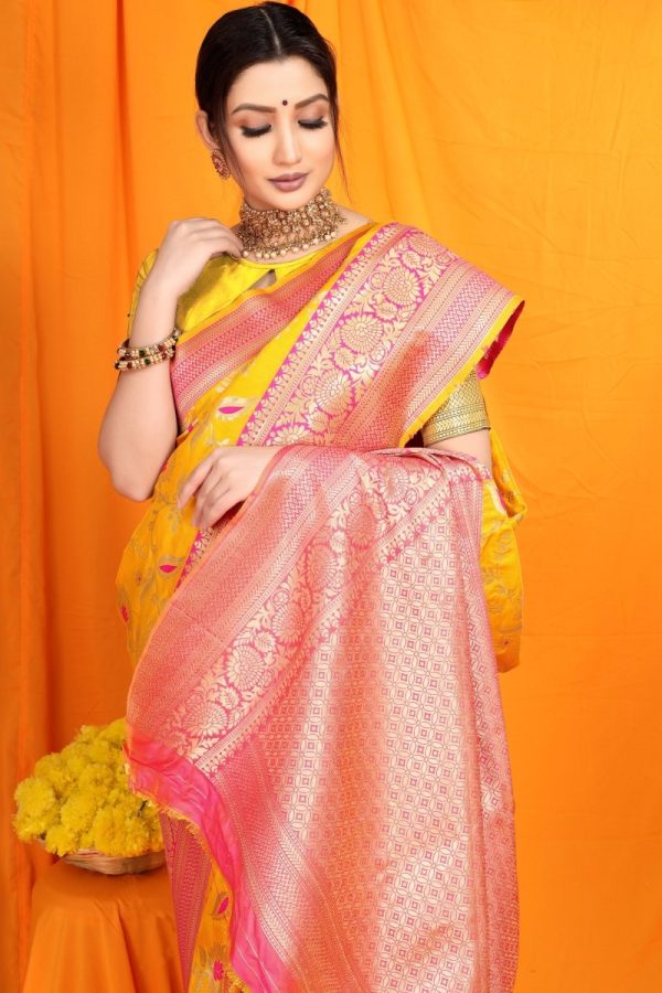 Aastha Fashion Yellow Woven Banarasi Silk Saree with Blouse For Cheap