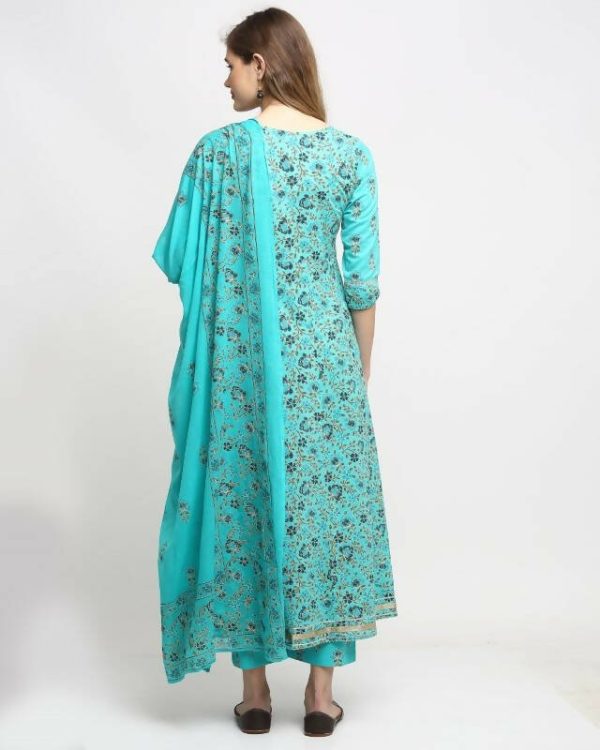 Aastha Fashion Women s Sky Blue Cotton Floral Printed Kurta with Trouser & Dupatta on Sale