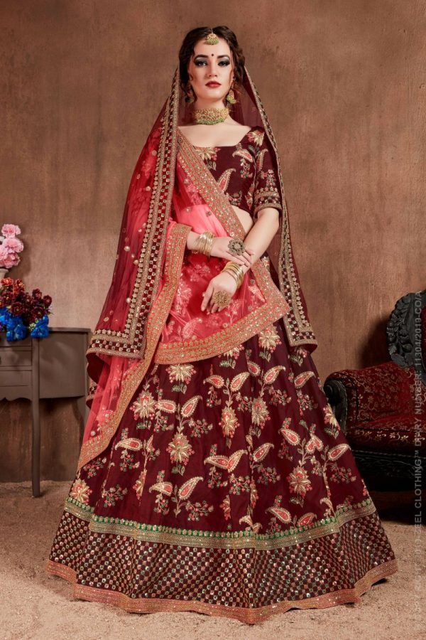 Aastha Fashion Women s Blooming Dark Maroon Colored Bridal Wear Designer Embroidered Lehenga choli Cheap