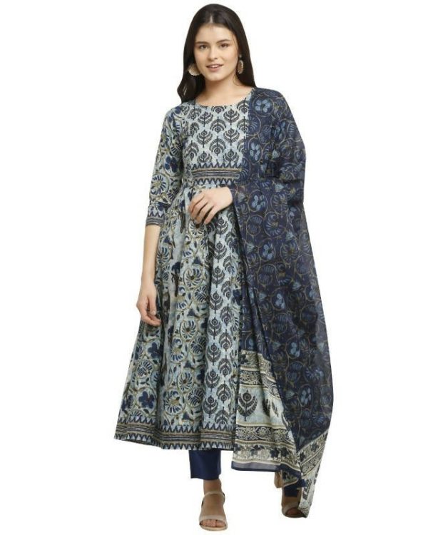 Aastha Fashion Women s Navy Blue Cotton Printed Kurta with Trouser & Dupatta on Sale