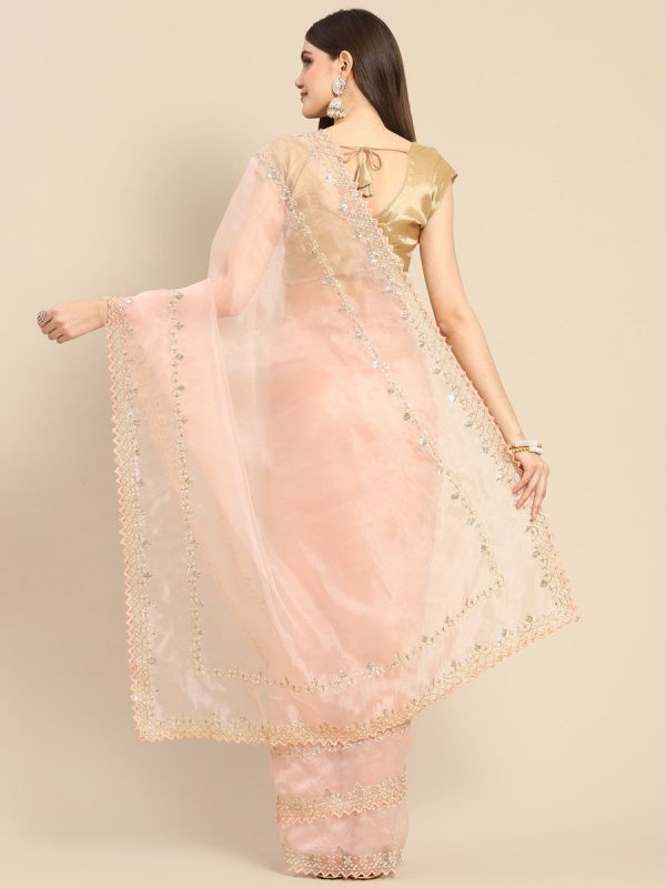 Anouk Pink Sequinned Organza Saree With Embroidered Border Hot on Sale