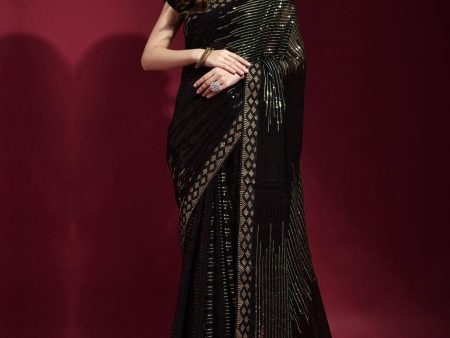 Anouk Black & Gold-Toned Embellished Sequinned Pure Georgette Saree Hot on Sale