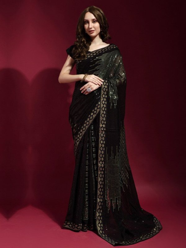 Anouk Black & Gold-Toned Embellished Sequinned Pure Georgette Saree Hot on Sale