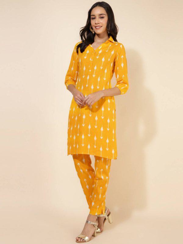 Janasya Women s Yellow Cotton Ikkat Printed Casual Straight Co-ords Discount